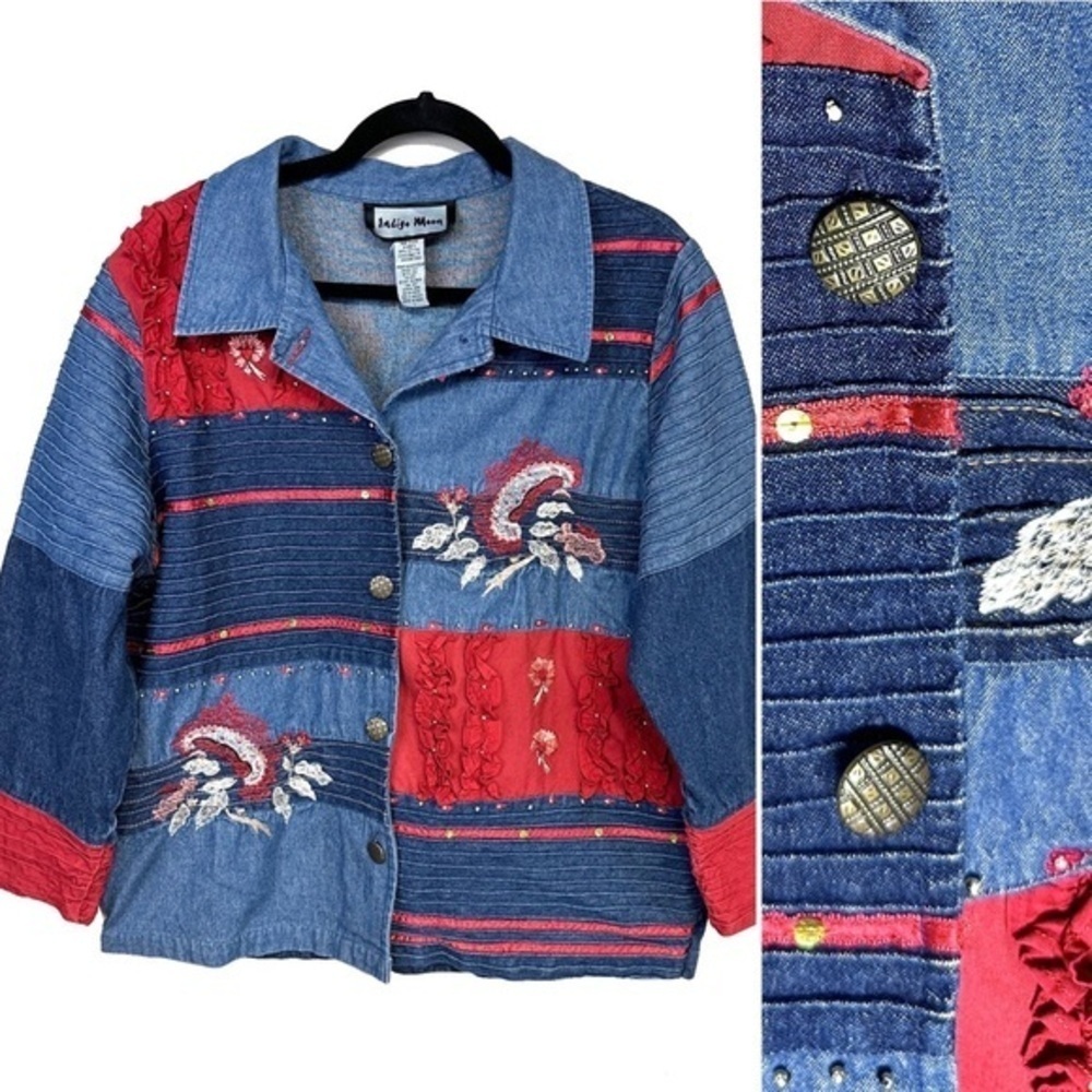Indigo Moon Large Denim Jacket Patchwork Beaded F… - image 2